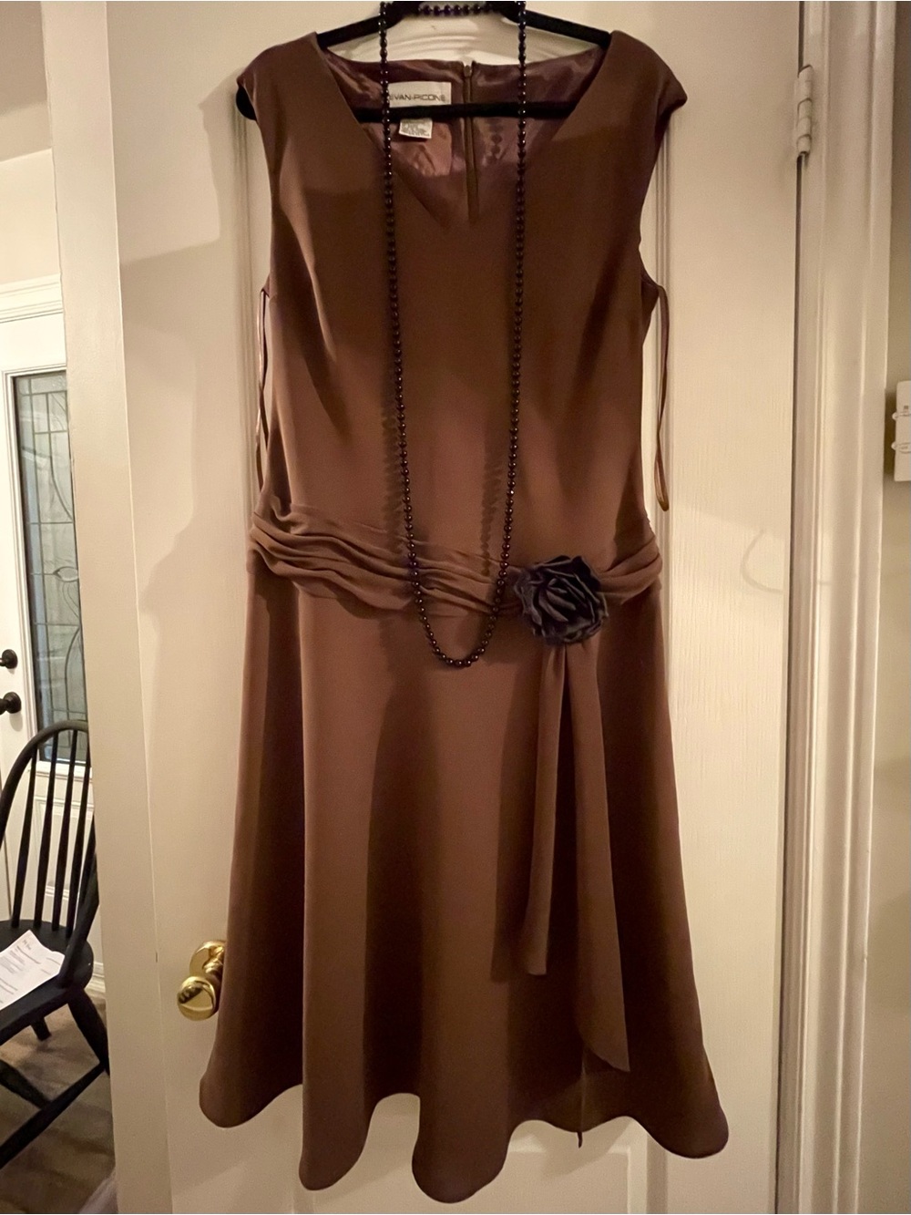 Evan Picone Chocolate Brown Sleeveless Dress. Chiffon sash with black silk Rose.